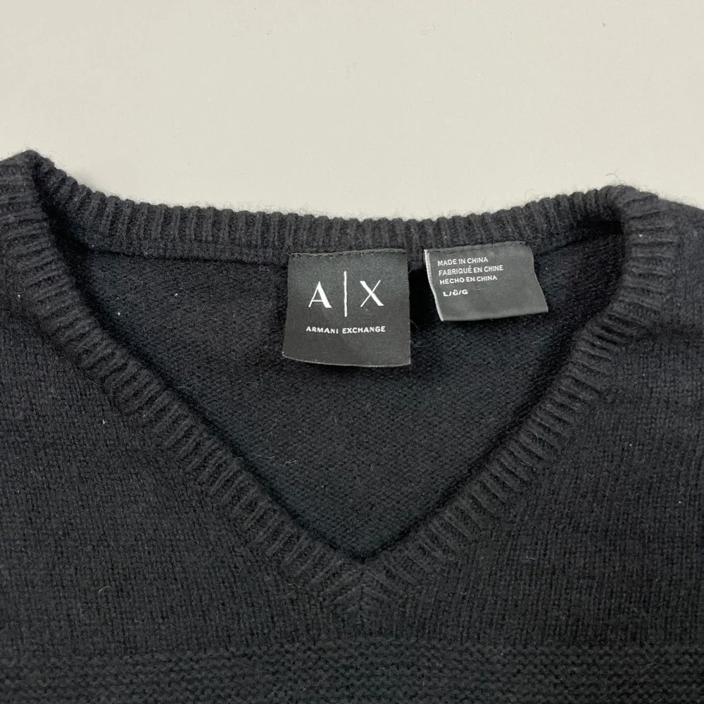 Armani Exchange Mens Lambswool Cotton V-Neck Textured Knit Sweater Black Red L